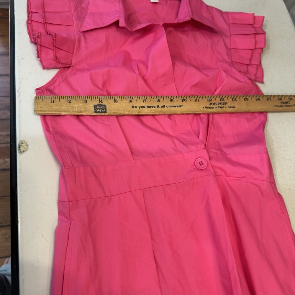 Pink Solid Deep V Neck Ruffle Cap Sleeves Classic Collar Midi Dress Sz M Fairy - Picture 7 of 13